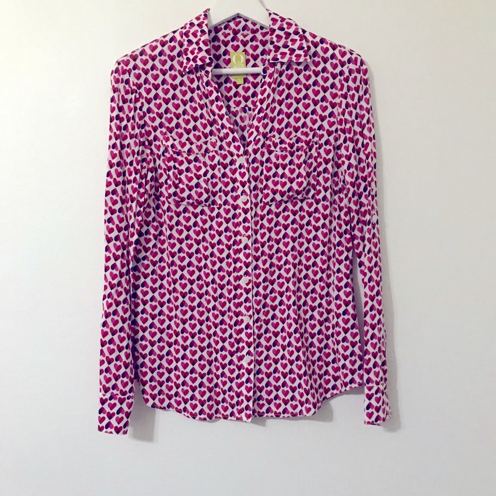 Heart Print Viscose Long Sleeve Button Down Shirt size small